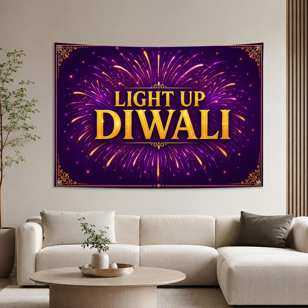Lighting Decoration For Diwali - ธงแบนเนอร์ประดับไฟสำหรับเทศกาลดิวาลี ผ้าตกแต่งผนังสวยงาม พิมพ์ลายสำหรับแขวนผนัง ตกแต่งห้องนั่งเล่น งานปาร์ตี้ และกลางแจ้ง