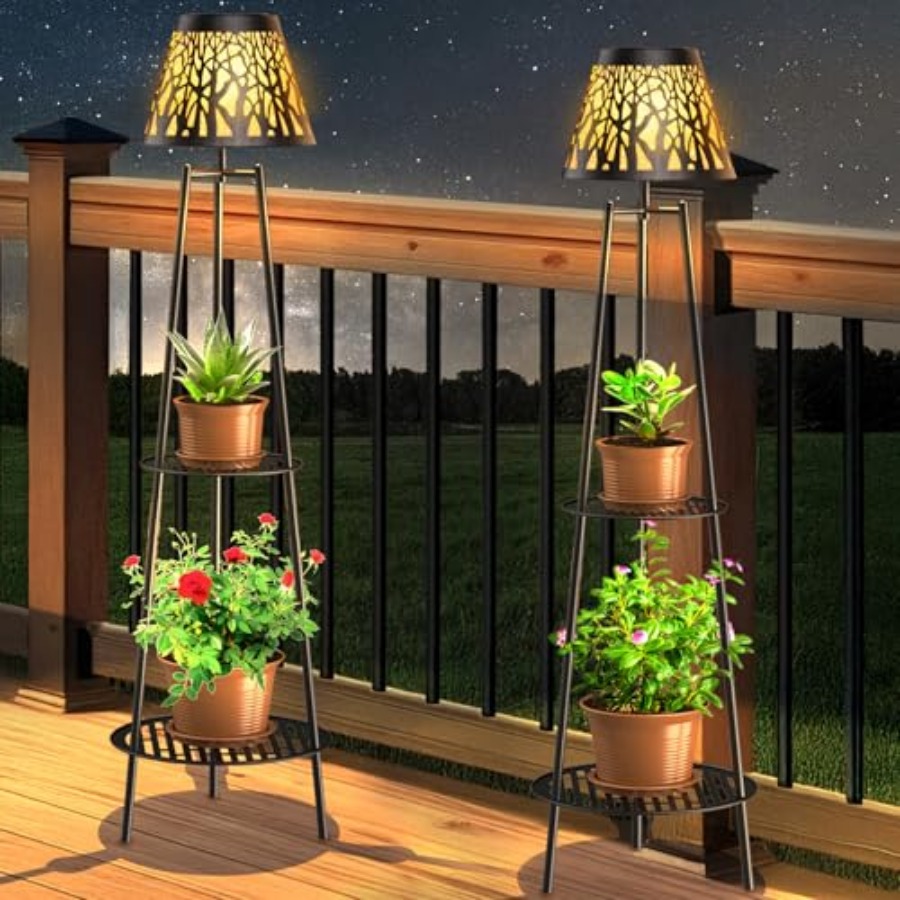 Lighting Decor Outdoor - โคมไฟตั้งพื้นพลังงานแสงอาทิตย์สำหรับกลางแจ้ง 2 ชิ้น พร้อมขาตั้งต้นไม้ ไฟสวนโลหะกันน้ำ พร้อมชั้นวาง