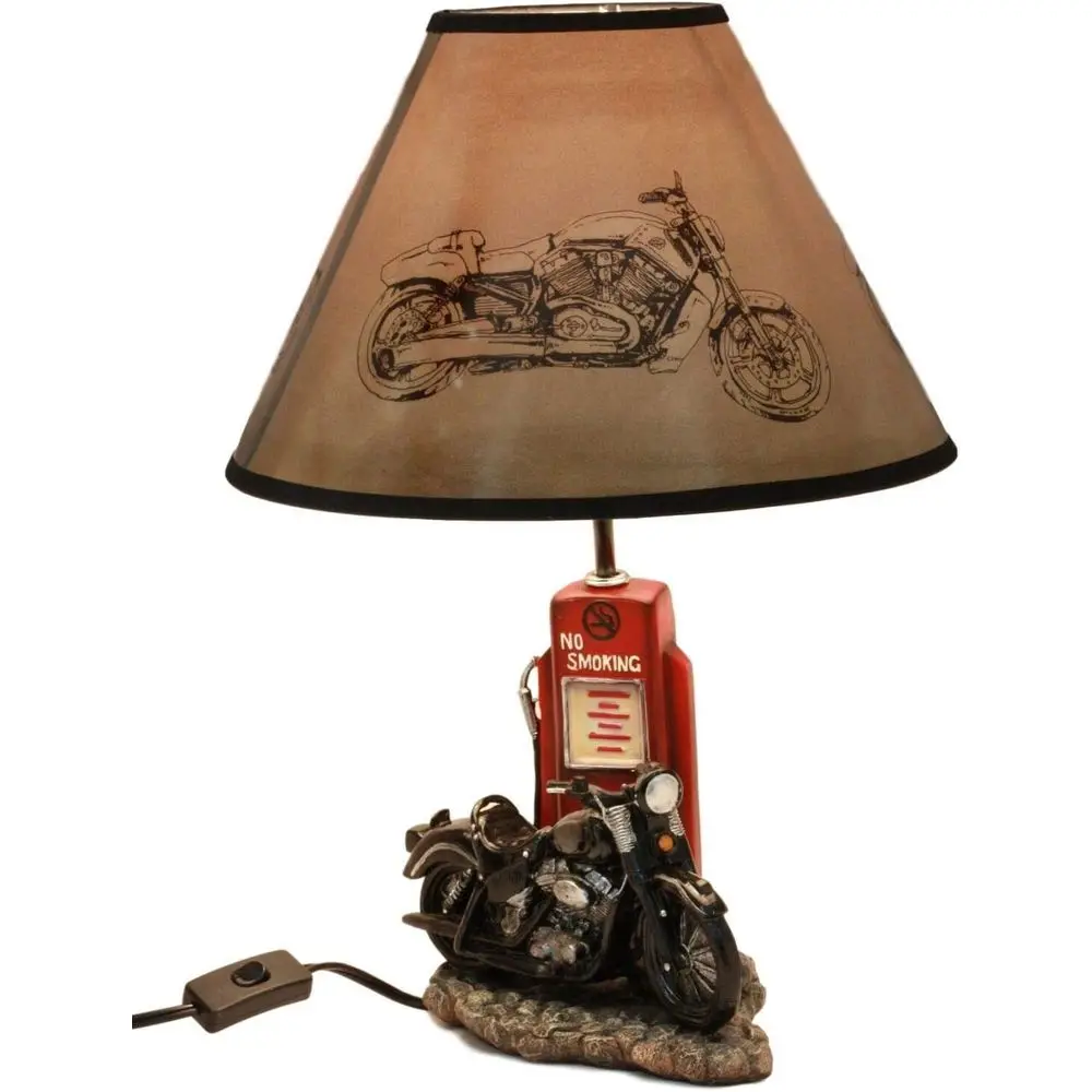 Lighting Decoration For Home - โคมไฟตั้งโต๊ะรูปปั๊มน้ำมันรถมอเตอร์ไซค์สีดำสไตล์วินเทจเรโทร พร้อมโคมไฟ ขนาดสูง 19 นิ้ว ตกแต่งบ้านธีม